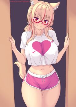 1girl :3 animal_ears arrow_through_heart blonde_hair blush breasts cat_ears cat_girl cat_tail collarbone crop_top crop_top_overhang doorway fang glasses heart heart_print large_breasts long_hair looking_at_viewer low_twintails midriff multicolored_hair navel nottytiffy original pink_shorts print_shirt red_eyes red_hair shirt short_hair short_shorts shorts sidelocks slit_pupils smile standing streaked_hair tail tiffy_(nottytiffy) twintails white_shirt