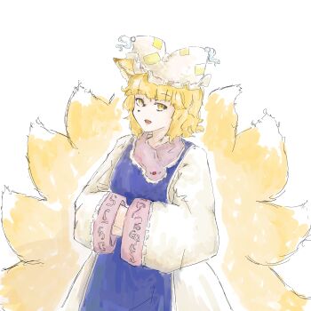 Rule 34 | 1girl, absurdres, animal ear fluff, animal ears, animal hat, arm under breasts, blue tabard, breasts, commentary request, eyelashes, facing viewer, fox ears, fox girl, fox tail, hat, highres, kitsune, kyuubi, large tail, long sleeves, looking at viewer, mob cap, multiple tails, open mouth, own hands together, short hair, simple background, smile, solo, standing, tabard, tail, touhou, very long tail, white background, yaki hg, yakumo ran, yellow tail