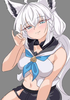 ahoge animal_ears black_shorts blue_eyes breasts closed_mouth fox_ears fox_girl fox_shadow_puppet grey_background highres hololive hood hoodie long_hair looking_at_viewer medium_breasts navel ponytail rorol_reime shirakami_fubuki shirakami_fubuki_(1st_costume) shorts sleeveless sleeveless_hoodie smile solo very_long_hair virtual_youtuber white_hair white_hoodie