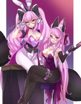 0kami_89zo animal_ears braid card fate/grand_order fate_(series) fishnet_pantyhose fishnets highres koyanskaya_(assassin)_(second_ascension)_(fate) koyanskaya_(fate) koyanskaya_(foreigner)_(first_ascension)_(fate) long_hair looking_at_viewer pantyhose pink_hair playing_card rabbit_ears twintails yellow_eyes