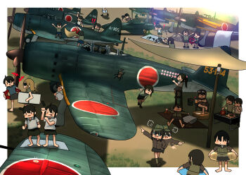 6+girls abyssal_ship aircraft airplane ball beetle black_hair brown_hair bug bug_hunting butterfly_net cooking day dragonfly enemy_lifebuoy_(kancolle) fairy_(kancolle) grass green_hat grill grilling hammer hand_net hat highres holding holding_ball holding_butterfly_net holding_hammer holding_swim_ring innertube insect kantai_collection kill_markings lying military_uniform military_vehicle mini_person minigirl multiple_girls n1k on_back outdoors propeller propeller_fighter rhinoceros_beetle roundel running sitting standing sunglasses swim_ring timmyyen