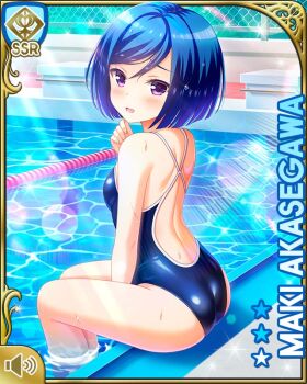 1girl akasegawa_maki ass barefoot blue_hair blue_one-piece_swimsuit chain-link_fence character_name competition_swimsuit day female_focus fence girlfriend_(kari) kneeling looking_at_viewer looking_back official_art one-piece_swimsuit open_mouth outdoors pool poolside purple_eyes qp:flapper short_hair solo swimsuit tagme tile_floor tiles