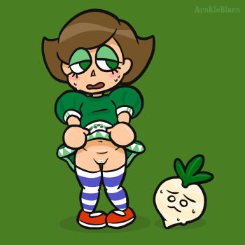1girl alternate_color animal_crossing arnkleblarn bar_censor blush brown_hair censored clothes_lift dress dress_lift embarrassed flat_chest food green_background green_dress green_eyes highres loli looking_to_the_side mary_janes navel nintendo no_panties open_mouth player_2 puffy_sleeves pussy red_shoes shoes short_hair short_sleeves standing striped_clothes striped_thighhighs super_smash_bros. sweat thighhighs turnip villager_(animal_crossing) white_thighhighs