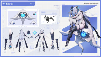 a-pose arm_guards armpit_crease artist_request asymmetrical_legwear bandaged_arm bandages black_cape blue_eyes breasts cape chaos_zero_nightmare commentary english_commentary eye_in_mouth fake_text flying from_behind hair_ornament highres large_breasts leg_armor leotard logo long_hair monster multiple_views narja_(chaos_zero_nightmare) official_art one-eyed pale_skin reference_sheet sitting teeth thick_thighs thigh_strap thighs white_hair white_leotard wings