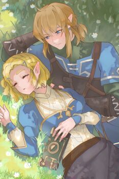 1boy 1girl arm_behind_head black_pantyhose black_sweater blue_eyes blue_shirt blue_tunic braid breasts closed_eyes closed_mouth crown_braid earrings flower gold_trim hair_between_eyes hair_ornament hair_tie hairclip hetero highres jewelry light_blush link looking_at_another low_ponytail male_focus medium_breasts medium_hair nintendo pantyhose parted_lips pointy_ears ponytail princess_zelda seru0703 shirt short_hair sidelocks sleeping sweatdrop sweater the_legend_of_zelda the_legend_of_zelda:_tears_of_the_kingdom tunic vambraces white_flower