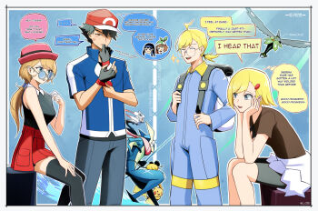 2boys 2girls adjusting_clothes adjusting_gloves aged_up ash_ketchum backpack bag black_thighhighs blonde_hair blue_jacket bonnie_(pokemon) border brown_shirt clemont_(pokemon) collared_shirt dawn_(pokemon) english_text fingerless_gloves gen_1_pokemon gen_6_pokemon glasses gloves greninja hair_ornament hairclip hat head_rest highres hisuian_zorua jacket jcstr jumpsuit legendary_pokemon may_(pokemon) mixed-language_commentary mouth_hold multiple_boys multiple_girls nintendo pants pikachu pink_hat pleated_skirt pokemon pokemon_(anime) pokemon_(creature) pokemon_xy_(anime) ponytail red_hat round_eyewear serena_(pokemon) shirt sitting skirt sparkle speech_bubble thighhighs thought_bubble white_bag white_border zygarde zygarde_core