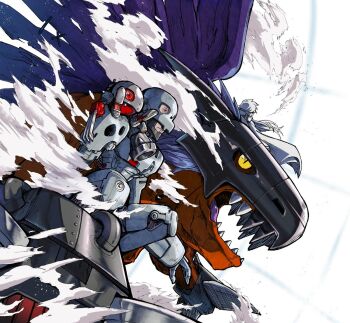 Rule 34 | 2boys, andromon, armor, ayumuminato, claw (weapon), cyborg, digimon, digimon (creature), digimon paradox, dragon, dust, from side, group picture, helmet, megadramon, metalmamemon, multiple boys, open mouth, red eyes, sharp teeth, teeth, weapon, white armor, yellow eyes, zen (digimon)