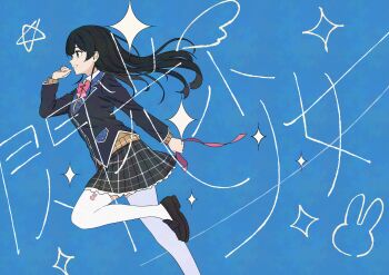 1girl black_hair bow bowtie long_hair nijisanji running school_uniform solo thighhighs toudou_yui tsukino_mito virtual_youtuber white_thighhighs