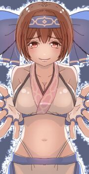 1girl absurdres ainu_clothes alternate_breast_size_(larger) breasts brown_eyes brown_hair commentary_request fingerless_gloves gloves hair_ribbon highres large_breasts looking_at_viewer midriff navel outstretched_arms pink_lips ribbon rimururu samurai_spirits short_hair shorts sideboob snk solo tank_top thong whale_tail_(clothing)