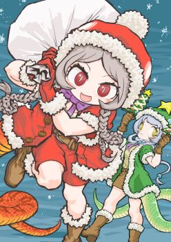2girls absurdres amazon_tree_boa_(kemono_friends) bara_bara_(pop_pop) belt boots christmas christmas_present commentary_request emerald_tree_boa_(kemono_friends) gift gloves grey_hair highres hood hoodie kemono_friends long_hair looking_at_viewer multiple_girls neck_ribbon night red_eyes ribbon santa_costume shirt shorts snake_girl snake_tail snow tail yellow_eyes
