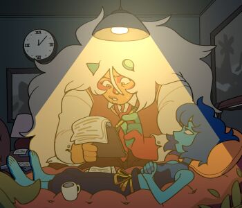 2girls alternate_costume broken_horn colored_skin discount-supervillain gem gem_(steven_universe) green_horns highres horns jasper_(post-corruption)_(steven_universe) jasper_(species)_(steven_universe) jasper_(steven_universe) lapis_lazuli_(steven_universe) long_hair multiple_girls muscular muscular_female open_mouth orange_skin steven_universe steven_universe:_future steven_universe_future striped_skin very_long_hair white_hair yellow_eyes