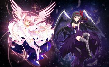 2girls absurdly_long_hair akemi_homura akuma_homura angel_and_devil anime_coloring argyle_clothes argyle_thighhighs armlet artist_request ballet_slippers bare_shoulders black_collar black_hair black_shoes black_wings bow breasts center_opening chest_jewel choker cleavage cleavage_cutout closed_mouth clothing_cutout collar commentary covered_navel detached_collar dot_nose dress elbow_gloves energy_wings feather-trimmed_dress feathered_wings feathers floating floating_clothes floating_hair frilled_dress frilled_sleeves frills full_body game_cg gem gloves glowing_gem hair_bow hairband hand_on_own_cheek hand_on_own_face happy high_collar high_heels highres invisible_chair jewelry kaname_madoka knee_up knees light_blush long_dress long_hair long_sidelocks looking_at_viewer mahou_shoujo_madoka_magica mahou_shoujo_madoka_magica:_hangyaku_no_monogatari mahou_shoujo_madoka_magica_magia_exedra multiple_girls object_floating_above_hand official_art outline pink_gem pink_hair pink_outline pink_theme pink_wings purple_dress purple_eyes purple_gem purple_gloves purple_outline purple_thighhighs red_bow red_hairband shoes short_sleeves side_slit sidelocks sitting smile smirk smug soul_gem space space_print star_(sky) starry_sky_print strapless strapless_dress tailcoat tareme thighhighs third-party_source tsurime two-sided_dress two-sided_fabric two_side_up ultimate_madoka very_long_hair white_bow white_choker white_dress white_gloves white_shoes wide_sleeves winged_shoes wings yellow_eyes