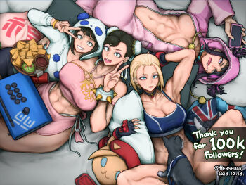 4girls abs animal animal_hood arcade_stick artist_name black_cat black_hair blonde_hair blue_sports_bra bottomless bracelet breasts breasts_apart brown_hair cammy_white capcom cat cellphone character_doll chun-li cleavage commentary controller convenient_censoring cosplay covered_erect_nipples crop_top dated doll drooling dualsense english_commentary english_text game_controller green_nails hair_through_hood han_juri hershuar holding holding_phone hood hood_up hoodie jewelry joystick large_breasts li-fen lying milestone_celebration mother_and_daughter multicolored_hair multiple_girls muscular muscular_female nachos no_bra no_panties official_alternate_costume onesie open_mouth open_pajamas pajamas panda_hood parted_lips phone pillow pink_pajamas playstation_controller smartphone smile spiked_bracelet spikes sports_bra spread_legs streaked_hair street_fighter street_fighter_6 tuxedo_cat twitter_username unworn_clothes v