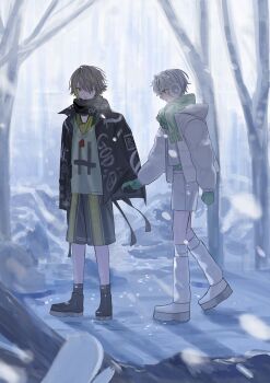 18trip 22kolink 2boys bare_tree black_jacket black_shoes brothers commentary earmuffs eyepatch full_body gloves green_gloves grey_hair hair_over_one_eye hand_grab highres jacket jewelry leg_warmers long_sleeves looking_at_another male_focus multiple_boys necklace outdoors shiramitsu_ryui shiramitsu_toi shoes short_hair siblings snowing tree white_jacket white_leg_warmers white_shoes