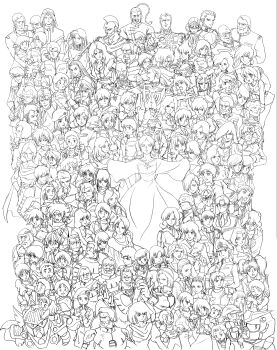 absurdres amuro_ray char&#039;s_counterattack char_aznable character_request closed_mouth dokite_tsukasa domon_kasshu elpeo_puru everyone g_gundam greyscale gundam gundam_gihren_no_yabou gundam_wing gundam_zz haman_karn highres lalah_sune lineart long_hair master_asia medium_hair mobile_suit_gundam monochrome multiple_boys multiple_girls official_art open_mouth quess_paraya retro_artstyle sayla_mass sd_gundam short_hair simple_background smile white_background zeta_gundam