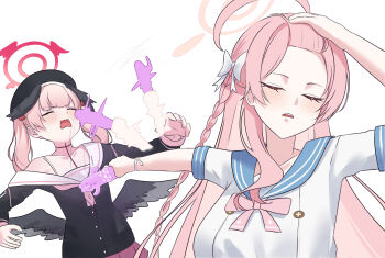 2girls afterimage ahoge blue_archive braid breasts closed_eyes collarbone commentary_request feathered_wings halo hanako_(blue_archive) haniwa_(statue) highres holding koharu_(blue_archive) large_breasts long_hair long_sleeves low_wings meme motion_lines multiple_girls naoya_hitting_choso_without_looking_(meme) open_mouth pink_hair pink_skirt sailor_collar simple_background single_braid skirt upper_body v-shaped_eyebrows wavy_mouth white_background wings ziz_(pandora707)