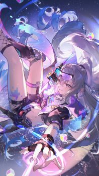 1girl absurdres amukeer blowing_bubble_gum chewing_gum chinese_commentary commentary_request drill_hair drill_ponytail eyewear_on_head fingerless_gloves fishnet_socks fishnets gloves gradient-tinted_eyewear grey_eyes grey_hair hair_between_eyes highres honkai:_star_rail honkai_(series) long_hair looking_at_viewer mechanical_gloves purple-tinted_eyewear silver_wolf_(honkai:_star_rail) silver_wolf_(lv.999)_(honkai:_star_rail) single_drill single_fingerless_glove single_mechanical_glove socks solo tinted_eyewear very_long_hair
