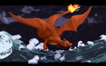 animal_focus black_border border charizard claws dragon fangs fire flame-tipped_tail flying full_body gen_1_pokemon grey_sky isutai looking_at_viewer nintendo no_humans ocean open_mouth outdoors pokemon pokemon_(creature) rain simple_background sky solo tail waves wings