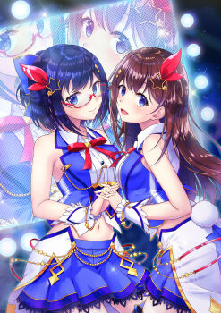 2girls a-chan_(hololive) absurdres alternate_costume blue_eyes blue_hair blue_shirt blue_skirt breasts brown_hair closed_mouth commentary_request glasses hair_ribbon highres holding_hands hololive long_hair looking_at_viewer medium_breasts medium_hair mikannsisyou multiple_girls navel open_mouth pleated_skirt red-framed_eyewear red_ribbon ribbon screen semi-rimless_eyewear shirt skirt sleeveless smile stage standing tokino_sora virtual_youtuber