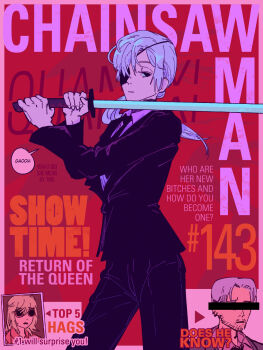 1boy 2girls bar_censor beard_stubble black_hair black_jacket black_necktie black_pants black_suit censored censored_identity chainsaw_man character_request commentary cover earrings english_text expressionless eyepatch facial_hair fake_magazine_cover formal_clothes grey_hair highres holding holding_sword holding_weapon jacket jewelry kishibe_(chainsaw_man) long_hair magazine_cover multiple_girls necktie pants ponytail quanxi_(chainsaw_man) spect_ion stubble suit sunglasses sword weapon