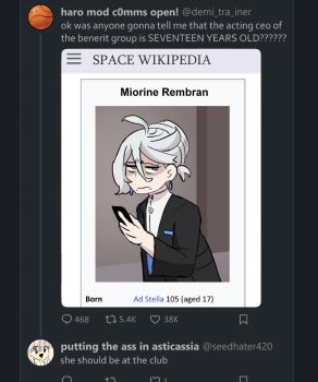 ahoge asymmetrical_hair bags_under_eyes black_jacket business_suit cellphone character_name commentary earrings eggtempest english_commentary english_text fake_screenshot formal_clothes frown grey_eyes grey_hair gundam gundam_suisei_no_majo hair_between_eyes hair_bun haro high_collar jacket jewelry miorine_rembran phone shirt suit swept_bangs twitter_screenshot twitter_username unhappy wavy_mouth white_shirt wide_sleeves