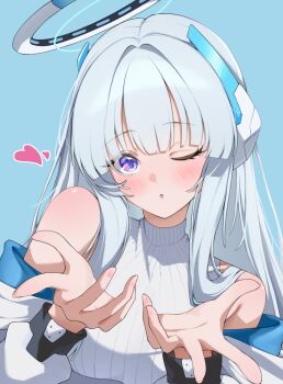 1girl :o absurdres bare_shoulders blue_archive blue_background blue_halo blush breasts commentary fingernails grey_hair halo hands_up headgear heart highres jacket lanhua227 long_hair long_sleeves mechanical_halo medium_breasts multicolored_halo noa_(blue_archive) off_shoulder one_eye_closed open_clothes open_jacket parted_lips purple_eyes reaching reaching_towards_viewer ribbed_sweater sidelocks simple_background sleeveless sleeveless_sweater solo sweater two-tone_halo upper_body white_halo white_jacket white_sweater