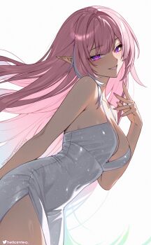 1girl alternate_costume artist_name bare_shoulders breasts commentary covered_navel cyrene_(honkai:_star_rail) cyrene_(ripples_of_past_reverie)_(honkai:_star_rail) diamond-shaped_pupils diamond_(shape) dress english_commentary fingernails from_side hand_up helloimtea highres honkai:_star_rail honkai_(series) jewelry large_breasts long_hair looking_at_viewer looking_to_the_side nail_polish paid_reward_available parted_lips pink_hair pointy_ears purple_eyes ring side_slit sidelocks simple_background smile solo symbol-shaped_pupils white_background white_dress