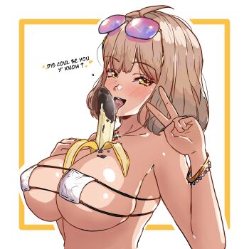 1girl absurdres ahoge anis_(nikke) anis_(sparkling_summer)_(nikke) banana bikini blush border bracelet breasts brown_hair chocolate chocolate-covered_food chocolate_banana chocolate_on_body chocolate_on_breasts english_text eyepatch_bikini eyewear_on_head food food_between_breasts food_on_body fruit goddess_of_victory:_nikke hal_san highres jewelry large_breasts licking looking_at_viewer pendant phallic_symbol saliva sexually_suggestive short_hair simple_background simulated_paizuri solo sunglasses swimsuit upper_body v white_background white_bikini yellow_eyes
