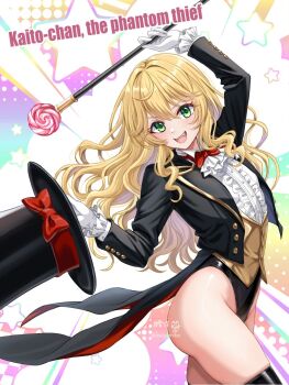 1girl ass black_jacket black_leotard black_thighhighs blonde_hair boots bow bowtie candy cane commission fang food gloves green_eyes hat highleg highleg_leotard highres holding holding_unworn_clothes holding_unworn_hat jacket leotard leotard_under_clothes lollipop long_hair looking_at_viewer no_pants open_mouth original phantom_thief phantom_thief_(kkmomo67) red_bow red_bowtie shirt skeb_commission smile solo thigh_boots thighhighs thighs top_hat tsukiyuki_mike unworn_hat unworn_headwear white_gloves white_shirt