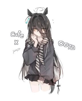 1girl ahoge animal_ears bag black_hair black_skirt casual character_name closed_mouth doktahzaki dot_mouth ear_ornament ear_tag earrings flying_sweatdrops grey_jacket hair_between_eyes hair_ornament hairclip hand_up highres horse_ears horse_girl horse_tail jacket jewelry light_blush long_bangs long_hair long_hair_between_eyes long_sleeves manhattan_cafe_(umamusume) multicolored_hair photo-referenced pleated_skirt scarf shoulder_bag simple_background single_earring skirt solo striped_clothes striped_scarf tail umamusume very_long_hair white_background white_bag white_hair white_scarf yellow_eyes