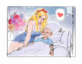 1boy 1girl aatom87 aged_up alternate_breast_size_(larger) bed blonde_hair blue_dress braid breasts chilchuck_tims commentary contemporary dress dungeon_meshi english_commentary flower green_eyes green_nails grey_hair heart hospital_bed intravenous_drip large_breasts lying marcille_donato old old_man on_back pillow ponytail short_dress sitting smile spoken_heart twin_braids
