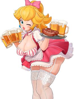 1girl absurdres alcohol alternate_costume apron beer beer_mug blonde_hair blue_eyes blush bow breasts cleavage cup dirndl dress drinking_glass earrings food frilled_apron frills garter_straps german_clothes hair_bow highres holding holding_cup holding_plate holding_tray hot_dog jewelry lace_trim large_breasts leaning_forward lips long_hair looking_at_viewer maid mario_(series) mineru128127 mug nintendo one_eye_closed pink_bow pink_dress plate ponytail princess_peach puckered_lips puffy_short_sleeves puffy_sleeves red_dress sausage short_sleeves simple_background skindentation solo sphere_earrings thick_thighs thighhighs thighs transparent_background tray waist_apron waitress white_apron white_background white_thighhighs