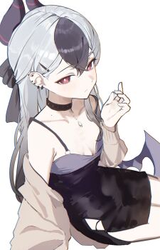 1girl bare_shoulders black_choker black_dress black_hair black_horns blue_archive breasts bright_pupils choker closed_mouth collarbone demon_horns diamond_necklace dodosaae dress ear_piercing gradient_hair hair_between_eyes hair_ornament hair_ribbon hairclip highres horns jacket jacket_partially_removed kayoko_(blue_archive) kayoko_(dress)_(blue_archive) long_hair looking_at_viewer mole multicolored_hair official_alternate_costume piercing red_eyes ribbon single_wing sitting small_breasts solo spaghetti_strap white_background white_hair white_pupils wings