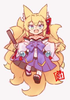 1girl animal_ear_fluff animal_ears bare_shoulders blonde_hair chest_tattoo commentary_request deformed fang folding_fan fox_ears fox_girl fox_tail full_body green_eyes hair_between_eyes hair_ribbon hakama hakama_skirt hand_fan highres holding holding_fan japanese_clothes jingai_modoki kimono kitsune light_blush long_hair looking_at_viewer mon-musu_quest! monster_girl multiple_tails open_mouth purple_skirt ribbon seal_impression simple_background sketch skin_fang skirt smile socks solo tabi tail tamamo_(mon-musu_quest!) tattoo white_background white_kimono white_socks