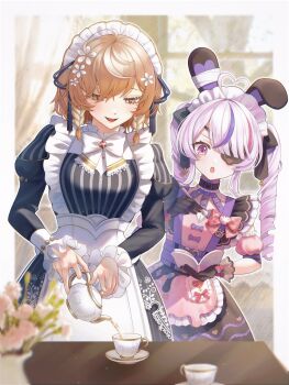 2girls :o ahoge animal_ear_hairband animal_ears apron black_bow black_dress black_gloves blonde_hair blurry blurry_background border bow bowtie braid collar cowboy_shot cross-laced_clothes cross-laced_dress cup detached_sleeves dress drill_hair eyepatch fake_animal_ears flower frilled_apron frilled_collar frilled_cuffs frilled_dress frilled_gloves frills gloves hair_bow hair_flower hair_ornament hairband half-closed_eyes hashtag-only_commentary heart heart_ahoge highres holding holding_notebook holding_pencil holding_teapot juliet_sleeves klara_charmwood klara_charmwood_(1st_costume) long_hair long_sleeves maid maid_apron maid_headdress maria_marionette maria_marionette_(maid) multicolored_hair multiple_girls nijisanji nijisanji_en notebook open_mouth outside_border pencil pink_apron pink_bow pink_hair pink_streaks pouring puffy_detached_sleeves puffy_sleeves purple_eyes purple_streaks rabbit_ear_hairband rabbit_ears side_braids streaked_hair striped_clothes striped_dress teacup teapot twin_drills underbust vase vertical-striped_clothes vertical-striped_dress virtual_youtuber white_apron white_border white_bow white_bowtie xiaomiao_zzz