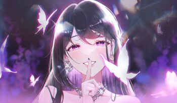 Rule 34 | 1girl, absurdres, bare shoulders, black hair, blurry, blush, bug, butterfly, chromatic aberration, collarbone, colored inner hair, earrings, eyelashes, finger to mouth, fingernails, floating earrings, gem, hair between eyes, happy, highres, insect, jewelry, lips, long hair, looking at viewer, multicolored hair, nail polish, necklace, original, parted lips, pink eyes, pink lips, portrait, purple hair, purple theme, solo, sparkle, teeth, totomong, white butterfly, white gemstone