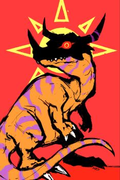 Rule 34 | claws, colored stripes, commentary, digimon, digimon (creature), english commentary, full body, greymon, highres, horns, monica bares, no humans, red background, red eyes, sharp teeth, standing, teeth