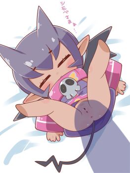 1girl anus bar_censor blush bottomless cello_(20000) censored character_request chibi cleft_of_venus closed_eyes dress female_focus grey_hair japanese_text loli lying no_feet on_back penis_silhouette presenting presenting_pussy pussy skull_ornament spread_legs tail translation_request webp-to-png_conversion