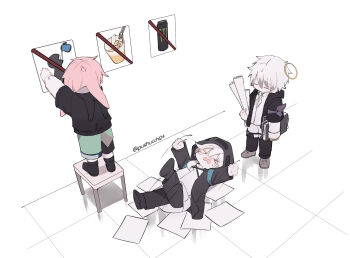 &gt;_&lt; 3boys adnachiel_(arknights) anger_vein animal_ears ansel_(arknights) arknights black_jacket closed_eyes commentary instant_cup_noodles doctor_(arknights) full_body grey_hair hair_between_eyes halo highres holding holding_paper hood hood_up hooded_coat instant_cup_noodles instant_noodles jacket kettle long_sleeves lop_rabbit_ears lying male_doctor_(arknights) monster_energy motion_lines multiple_boys on_back on_stool open_mouth paper pink_hair pushu rabbit_boy rabbit_ears shadow short_hair sign standing sweatdrop tantrum tilted_halo traditional_halo twitter_username white_background