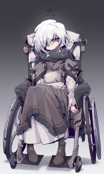1girl absurdres boots brown_boots closed_mouth commentary commentary_request english_commentary full_body highres imazawa long_sleeves mixed-language_commentary original paid_reward_available purple_eyes short_hair sitting solo tagme variant_set wheelchair white_hair