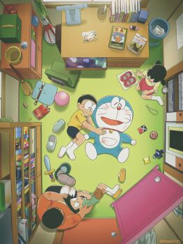 1girl 4boys absurdres academic_test aircraft airplane anywhere_door bag blue_footwear blush book bookshelf broom closed_eyes closet colored_shoe_interior commentary_request curtains desk dirty dirty_clothes dirty_face door doraemon doraemon_(character) drawer flute glasses gouda_takeshi green_footwear highres honekawa_suneo hot_dog instrument jacket lap_pillow lying manga_(object) masser0209 messy_room minamoto_shizuka multiple_boys no_symbol nobi_nobita on_back open_clothes open_drawer open_jacket open_mouth orange_shoes photo_(object) pillow polo_shirt recorder red_bag red_footwear shirt shoes shorts single_shoe sleeping smile socks t-shirt test_score trash_can twintails unworn_shoes white_bag white_jacket white_socks