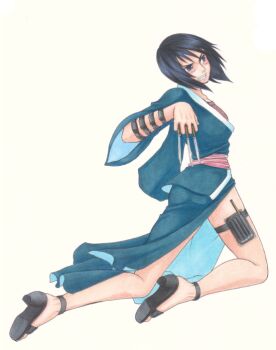 Rule 34 | 1girl, black hair, blue eyes, clenched teeth, female focus, full body, japanese clothes, kneeling, naruto (classic), naruto (series), onemu hormone, sandals, shizune (naruto), short hair, simple background, solo, teeth, traditional media, weapon, white background