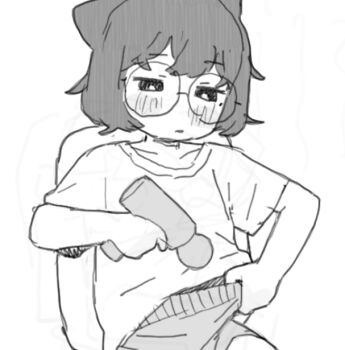 1girl animal_ears blush cat_ears clothes_pull glasses greyscale imminent_masturbation massager medium_hair monochrome original pants pants_pull possi_(possummachine) possummachine round_eyewear shorts sketch