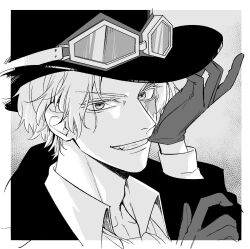 Rule 34 | 1boy, close-up, coat, collared shirt, commentary request, gloves, goggles, goggles on headwear, greyscale, hat, highres, looking at viewer, male focus, monochrome, nakumonaga uma, one piece, sabo (one piece), scar, scar on face, shirt, short hair, simple background, smile, solo, top hat