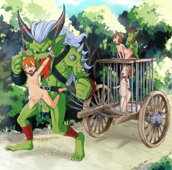 2boys 3girls absurdres age_difference all_fours barefoot bdsm bondage bound breasts brown_hair cage chain collar colored_skin completely_nude digimon doggystyle fanny_packing full_body goburimon green_skin heart heart-shaped_pupils highres horns interspecies kneeling leash legs_together loli monster multiple_boys multiple_girls muscular muscular_male nipple_piercing nipples nude orange_hair orgemon outdoors penis piercing plant pregnant public_indecency pussy red_hair road sex sex_from_behind slave small_areolae small_breasts small_nipples symbol-shaped_pupils tachikawa_mimi takenouchi_sora the_dark_mangaka tongue tongue_out tree walking white_hair yagami_hikari