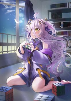 1girl absurdres barefoot bokuno82 closed_mouth commentary_request dress grey_hair hair_ornament hair_ribbon hairpin henya_the_genius henya_the_genius_(1st_costume) highres indie_virtual_youtuber long_bangs long_hair looking_at_viewer purple_dress purple_ribbon ribbon solo turtleneck turtleneck_dress very_long_hair virtual_youtuber yellow_eyes