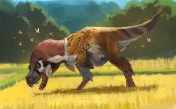 animal animal_focus bird buccal_flap bug commentary commentary_request day english_commentary eurasian_tree_sparrow feathered_dinosaur field flying from_side full_body grass nablange no_humans open_mouth original outdoors red_eyes robin_(bird) sparrow standing tree tyrannosaurus_rex wheat_field