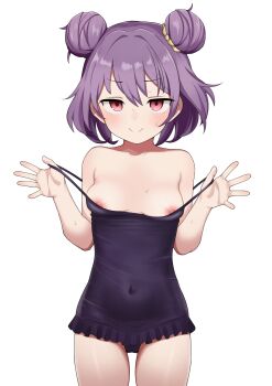 1girl absurdres breasts casual_one-piece_swimsuit covered_navel double_bun frilled_one-piece_swimsuit frills hair_bun highres loli looking_at_viewer mikoscrub nipples one-piece_swimsuit original purple_hair purple_one-piece_swimsuit simple_background small_breasts smile solo swimsuit white_background
