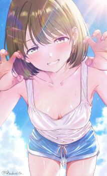 1girl absurdres armpits blue_shorts blush breasts breasts_apart claws collarbone commentary_request dolphin_shorts fingernails green_hair grin hands_up highres idolmaster idolmaster_shiny_colors koukashita light_rays looking_at_viewer medium_breasts nail_polish nanakusa_nichika outdoors pink_nails short_hair short_shorts shorts smile solo sunlight sweat tank_top thighs twitter_username white_tank_top