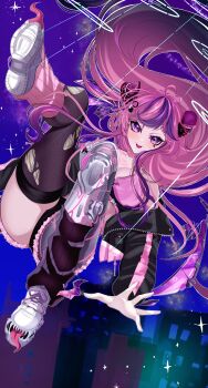 1girl absurdres ahoge black_jacket black_leg_warmers black_shorts black_thighhighs bra breasts broken_horn cropped_jacket demon_girl demon_horns heart heart_ahoge highres horns ironmouse ironmouse_outfit_art_contest jacket large_breasts leg_warmers long_hair looking_at_viewer maika_mo_yuru multicolored_hair open_mouth pink_bra pink_hair purple_eyes purple_hair shoes shorts smile solo streaked_hair thighhighs torn_clothes torn_thighhighs underwear very_long_hair virtual_youtuber vshojo white_shoes